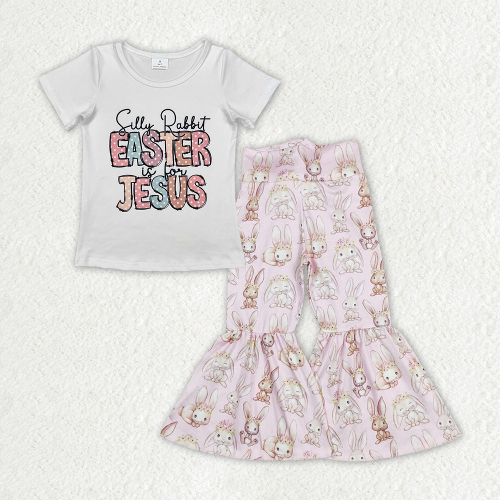 Baby Girls Easter Jesus Short Sleeve Top Rabbits Bell Pants Clothes Sets