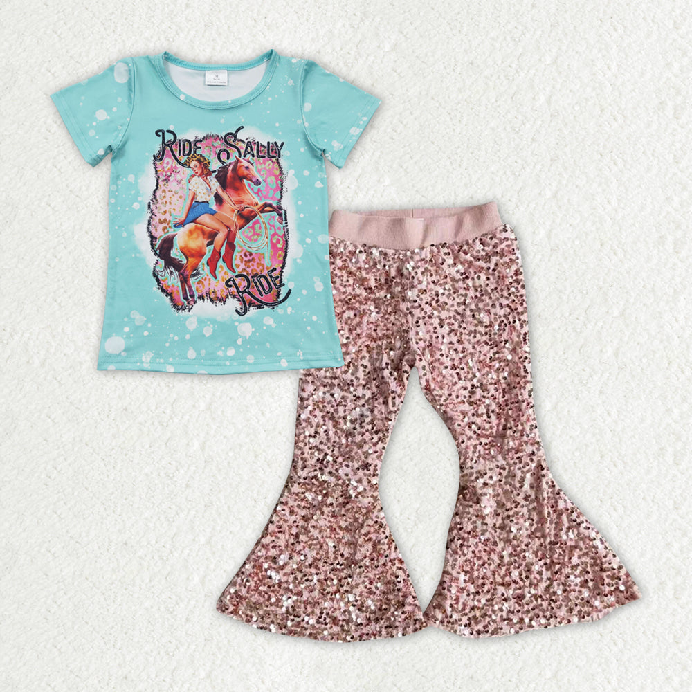 Baby Girls Rodeo Western Top Pink Sequin Bell Pants Clothes Sets