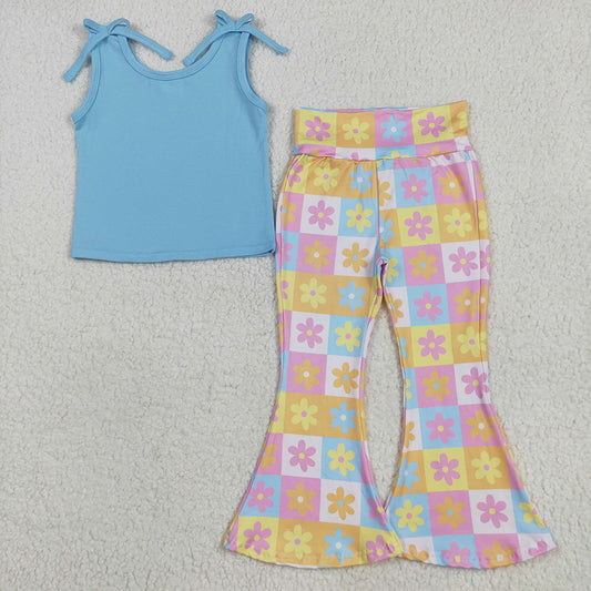 Sibling Baby Girls Blue Top Flowers Rompers Summer Outfits Sets