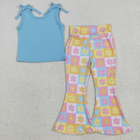 Sibling Baby Girls Bows Strap Shirt Top Plaid Bell Bottom Pant Sets