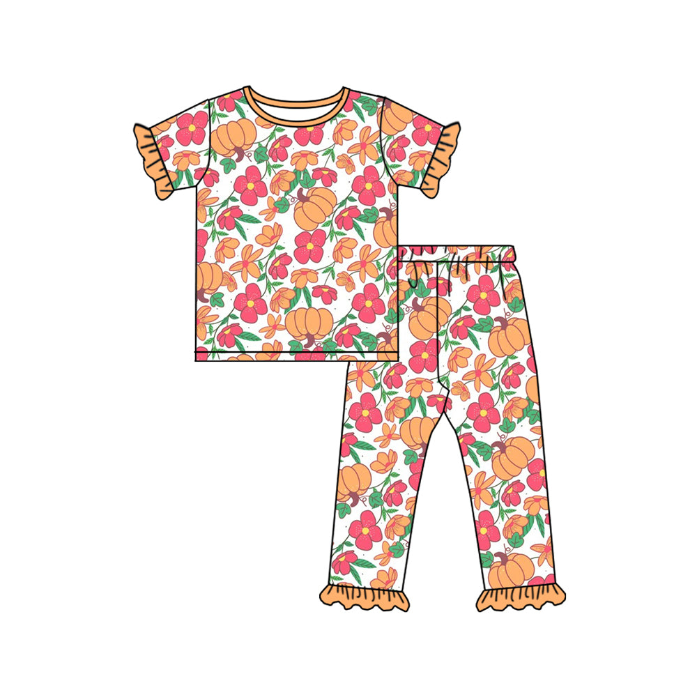 Baby Girls Short Ruffle Sleeves Flowers Pumpkins Top Pants Pajamas Set Preorder