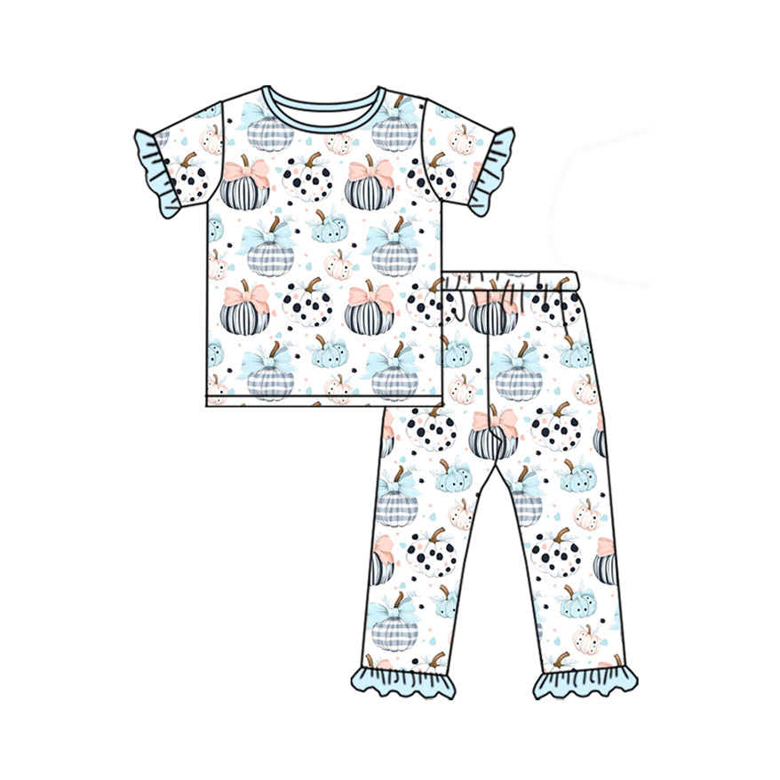 Baby Girls Blue Short Sleeves Bows Pumpkins Top Pant Pajamas Set Preorder