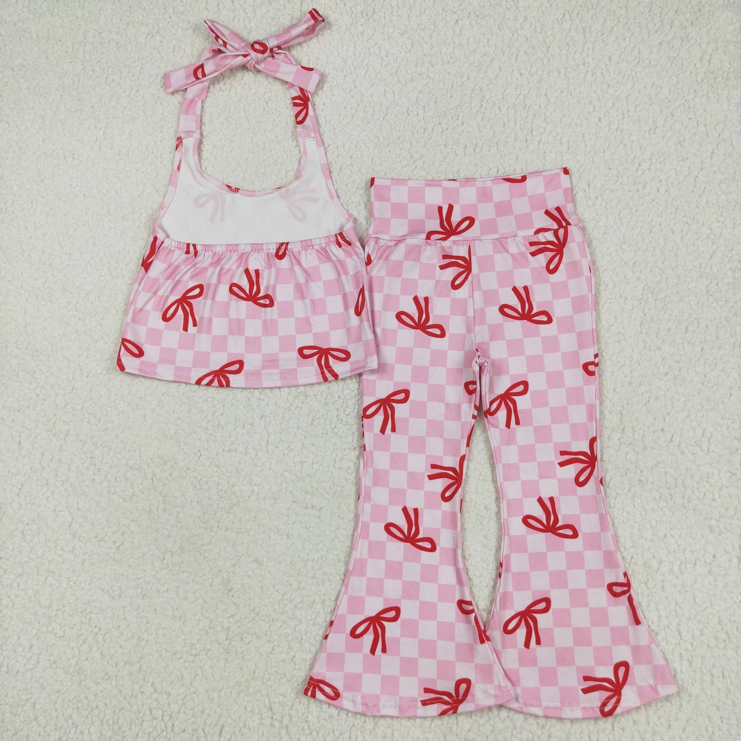 Sibling Baby Girls Bows Strap Shirt Top Plaid Bell Bottom Pant Sets
