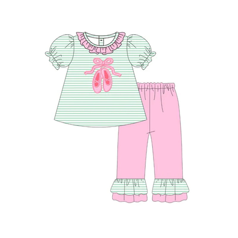 Preorder moq 5 Baby Girls Aqua Stripe Short Sleeves Bow Shoes Tunic Ruffle Pant Set