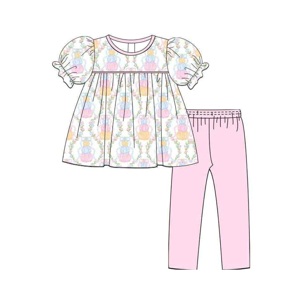Preorder moq 5 Baby Girls Pink Floral Pumpkin Plaid Tunic Legging Pant Fall Set