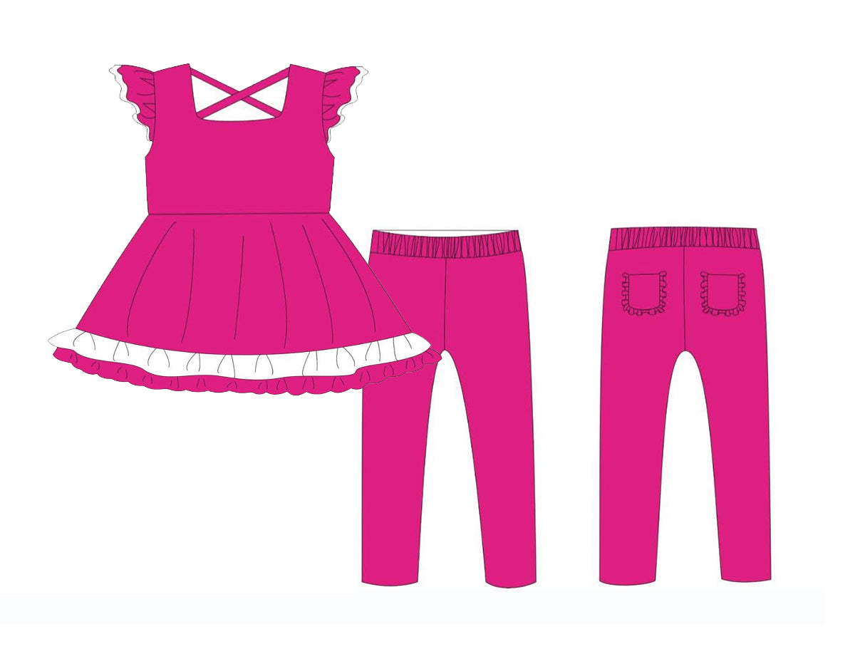 Preorder moq 5 Baby Girls Hot Pink Flutter Sleeves Ruffle Tunic Pockets Legging Pant Set