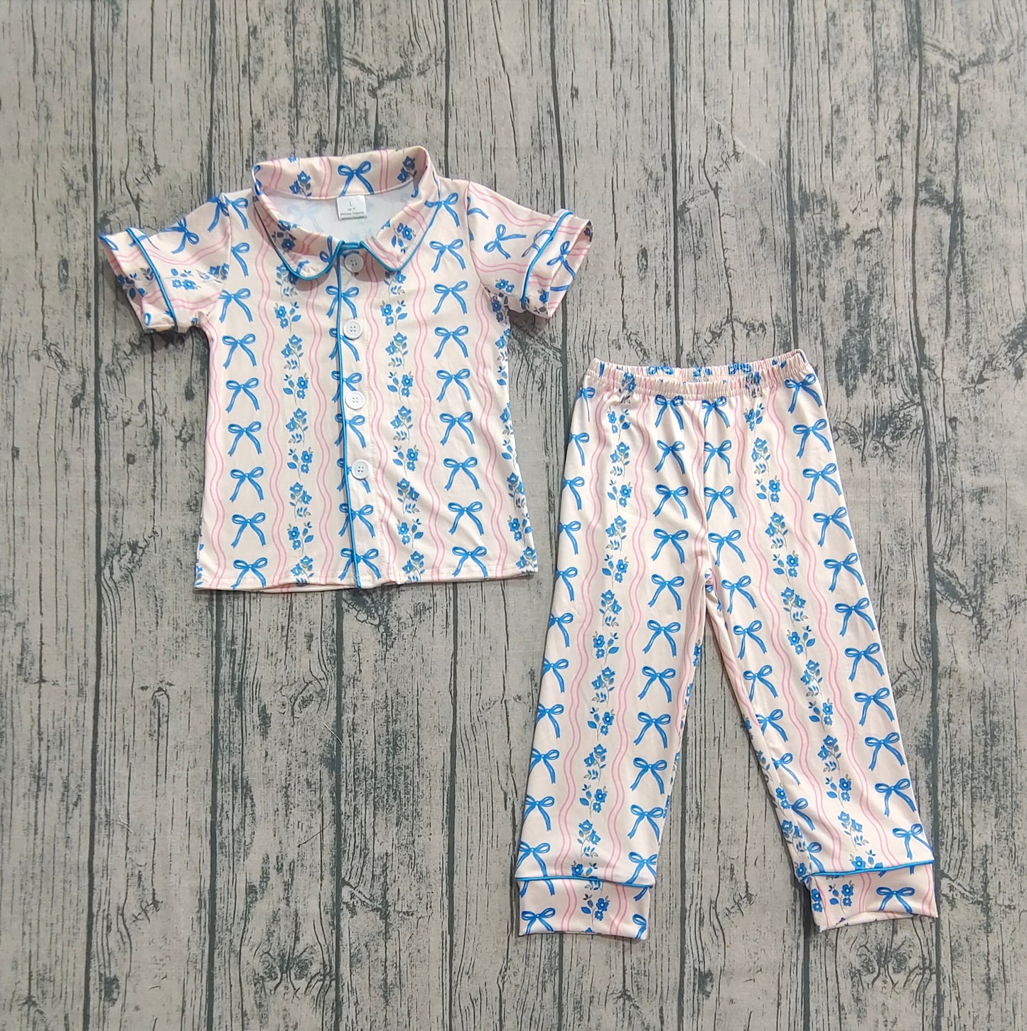 Baby Girls Short Sleeves Blue Bows Flower Stripe Top Pants Pajamas Sets