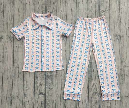 Adult Women Blue Bows Flowers Stripe Button Top Pant Pajamas Sets