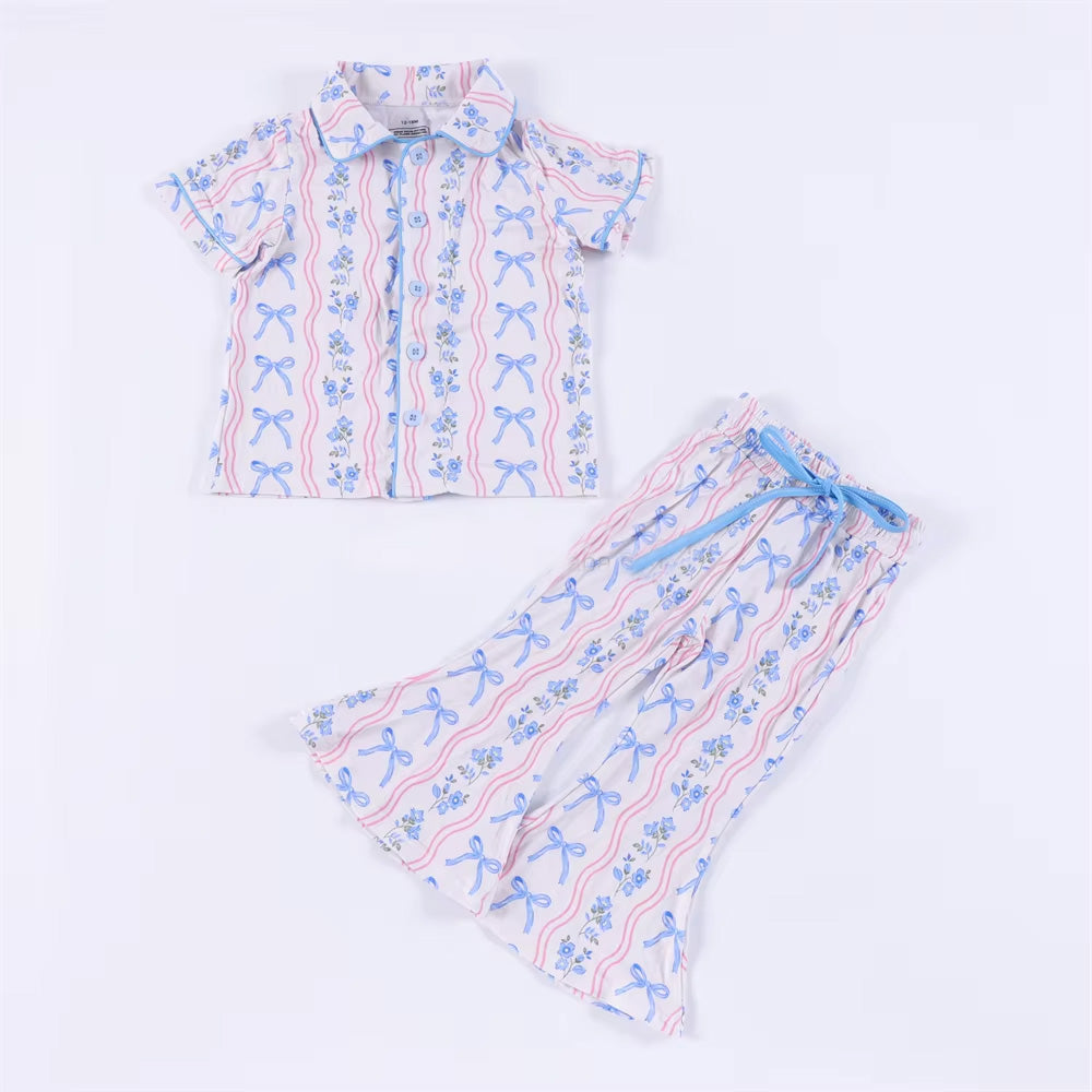 Baby Girls Blue Bows Flowers Stripe Button Top Bell Bottom Pant Pajamas Set Preorder