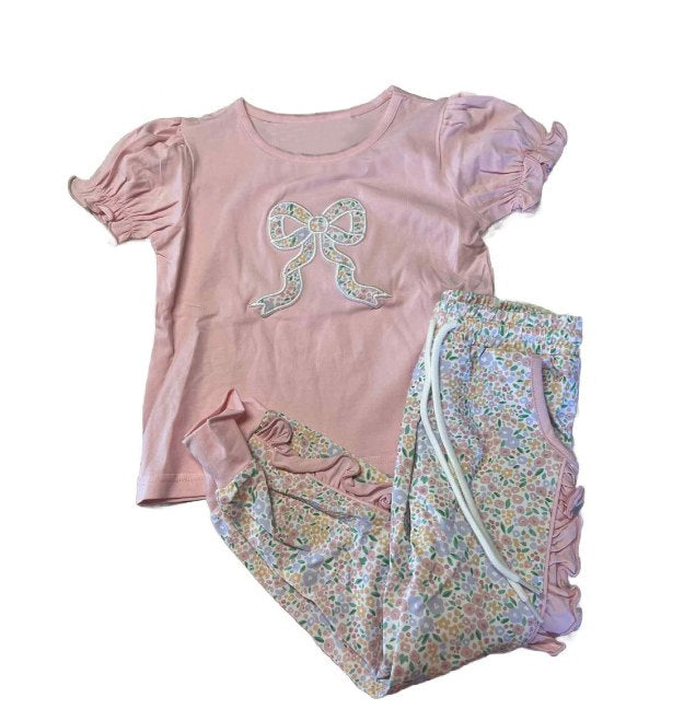 Embroidery Floral Bows Baby Girls Pockets Ruffle Leggings Set Preorder