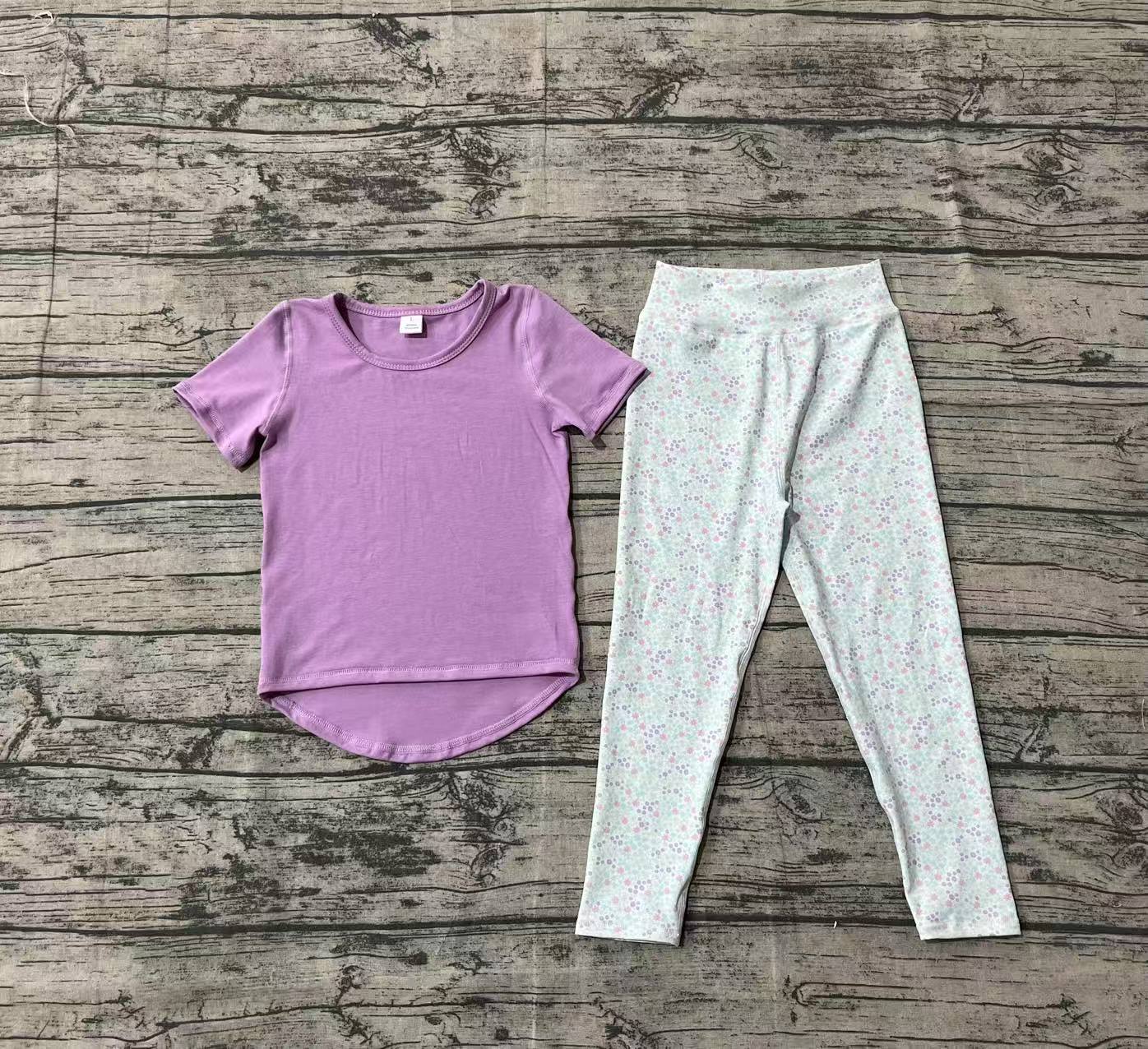 Baby Girls Lavender Short Sleeve Top Floral Legging Pants Yoga Active Clothes Set