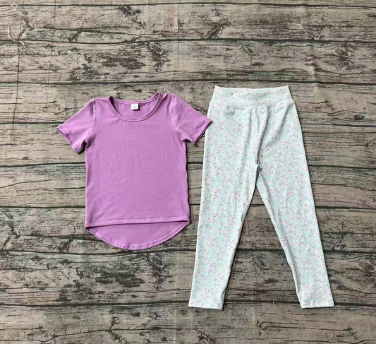 Baby Girls Lavender Short Sleeve Top Floral Legging Pants Yoga Active Clothes Set