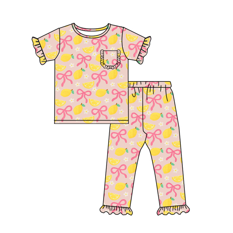 Baby Girls Bows Lemons Flowers Pocket Top Ruffle Pants Pajamas Sets Preorder