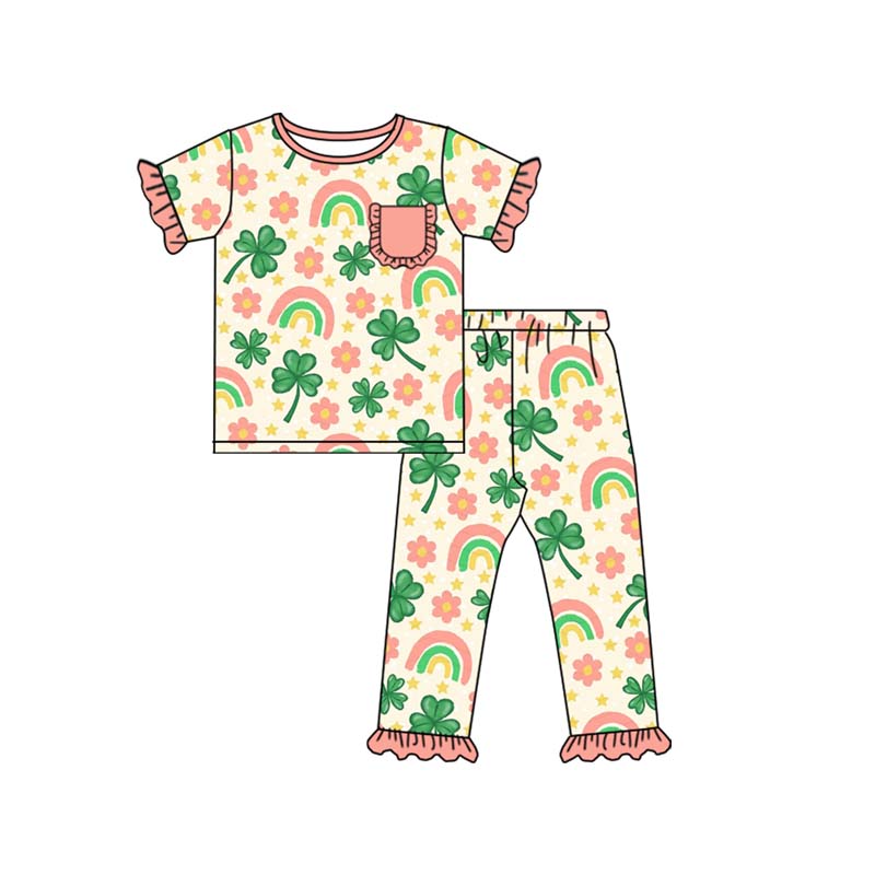 Baby Girls Flowers Clovers Pocket Top Ruffle Pant St Patrick Pajamas Sets Preorder