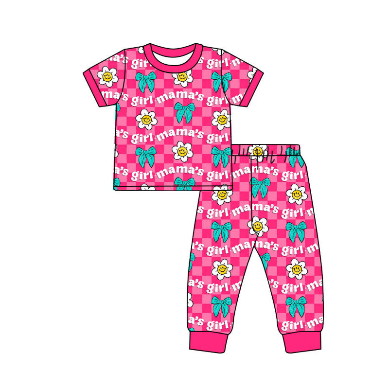Baby Girls Pink Checked Mamas Girls Bows Smiles Top Pants Pajamas Sets Preorder