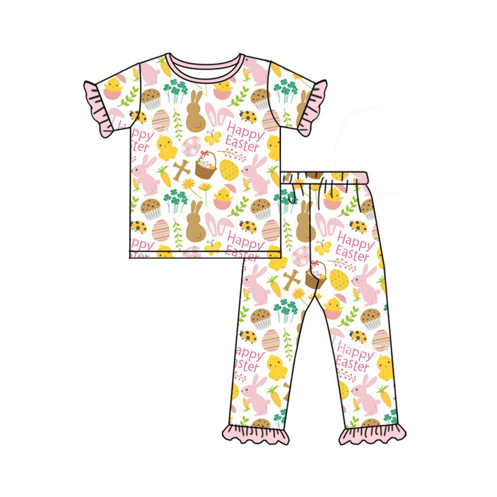 Baby Girls Flowers Rabbits Eggs Ruffle Pants Happy Easter Pajamas Sets Preorder