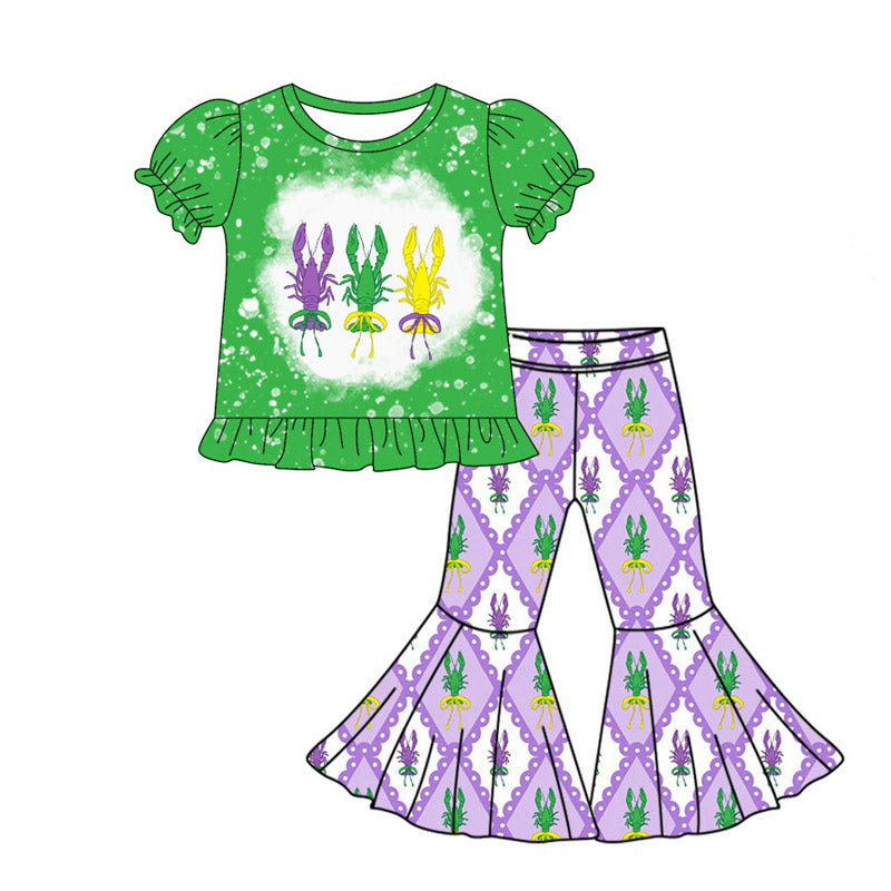 Baby Girls Mardigras Crayfishes Top Bell Bottom Pants Clothes Sets Preorder