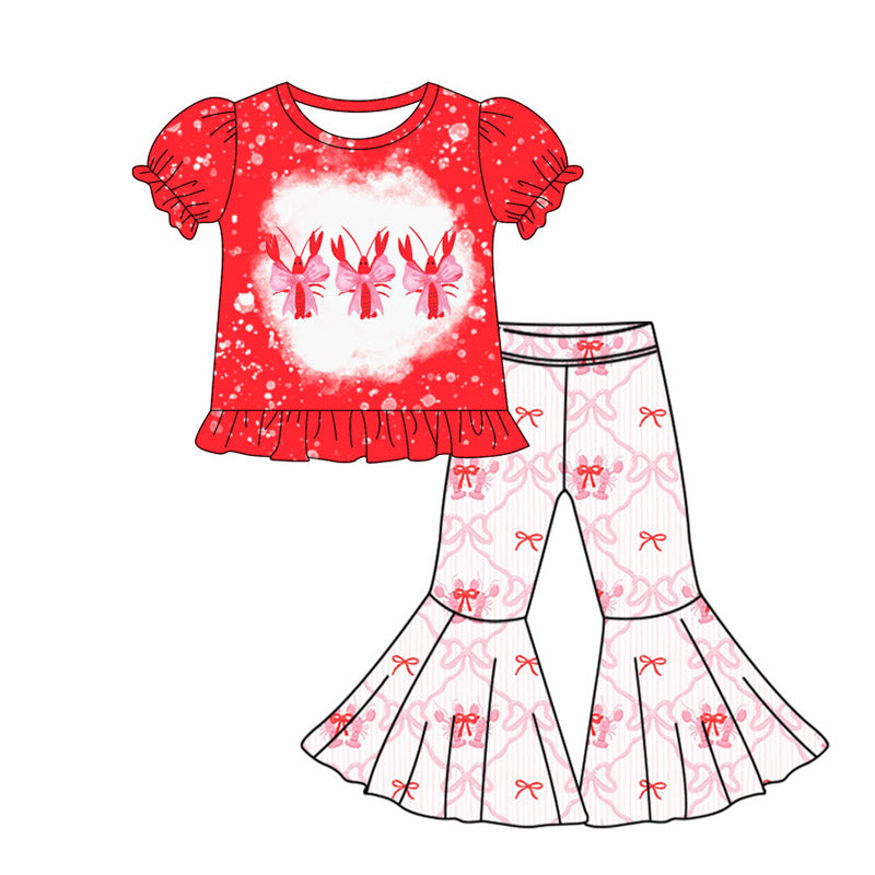 Baby Girls Mardigras Bows Crayfishes Top Bell Bottom Pants Clothes Sets Preorder