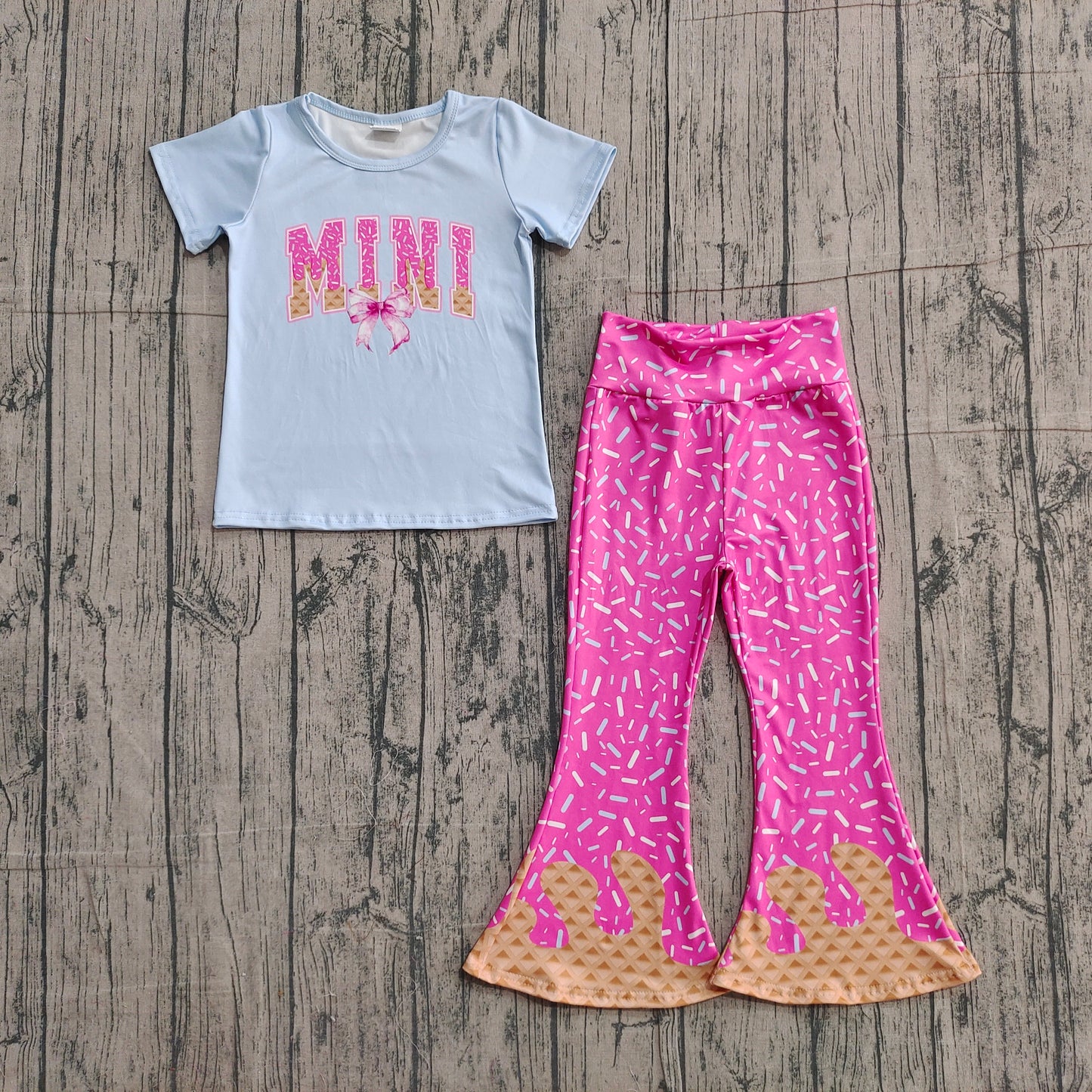 Baby Girls Sprinkle Drip Mini Bows Top Bell Bottom Pants Clothes Sets