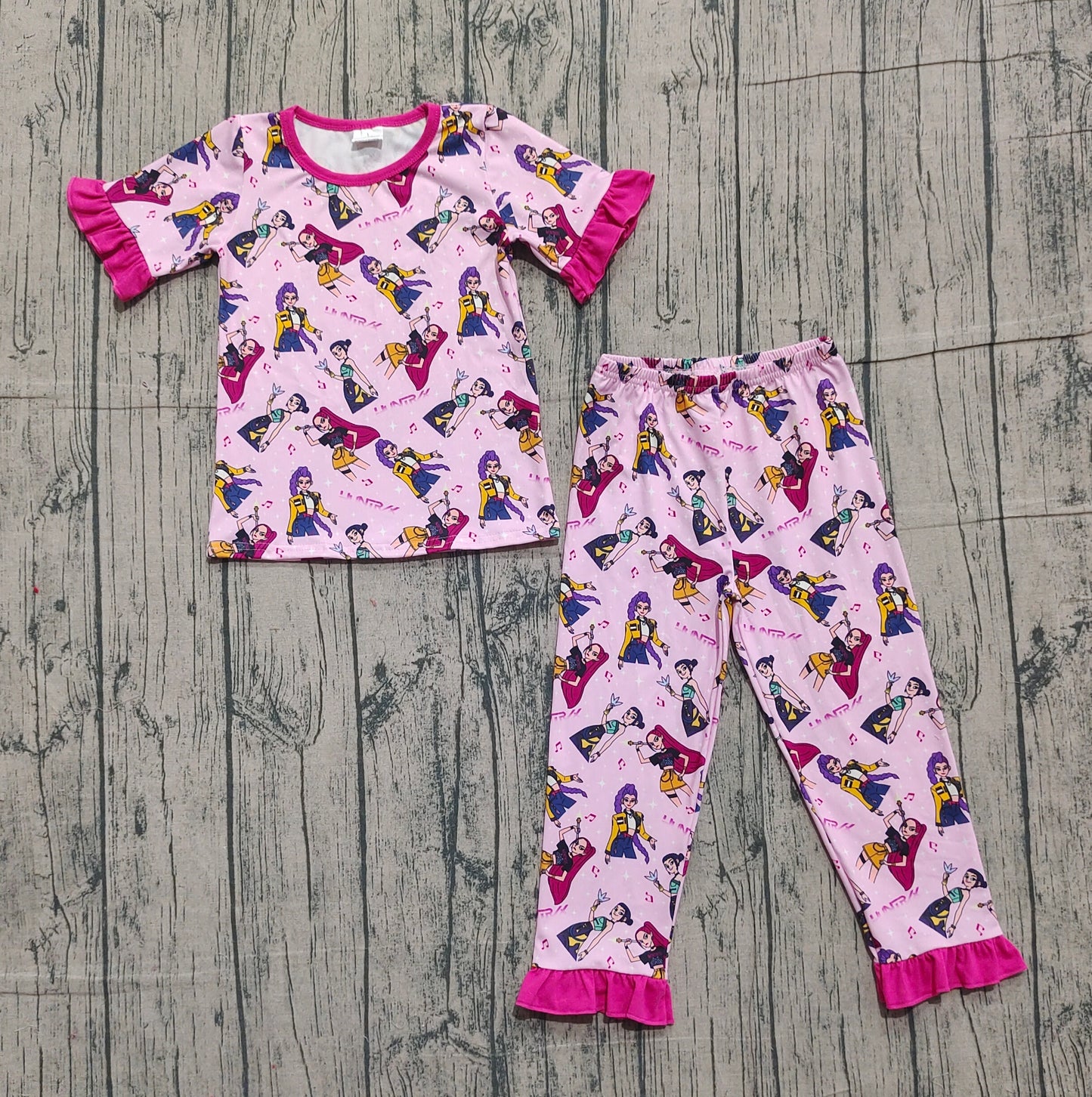 Baby Girls Pink Demon Hunter Top Ruffle Pants Pajamas Sets