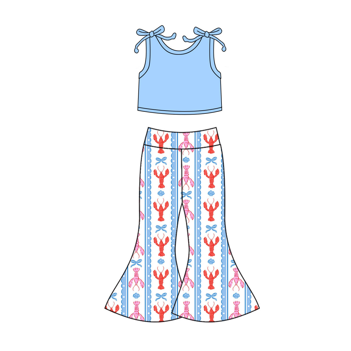 Baby Girls Blue Sleeveless Vest Crayfishes Bell Bottoms Clothes Sets Preorder