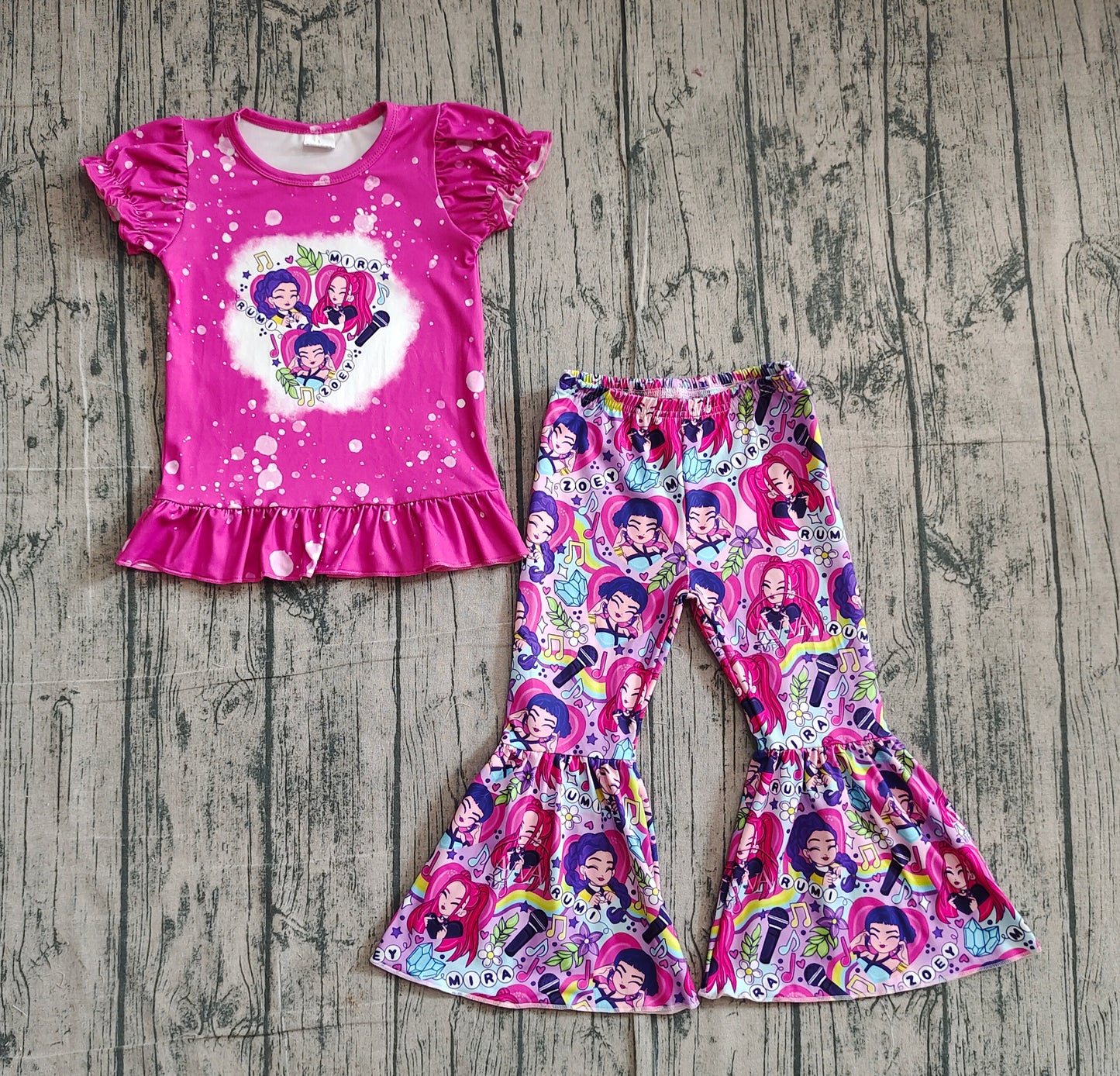 Baby Girls Hot Pink Demon Hunter Ruffle Top Bell Bottom Pants Clothes Sets