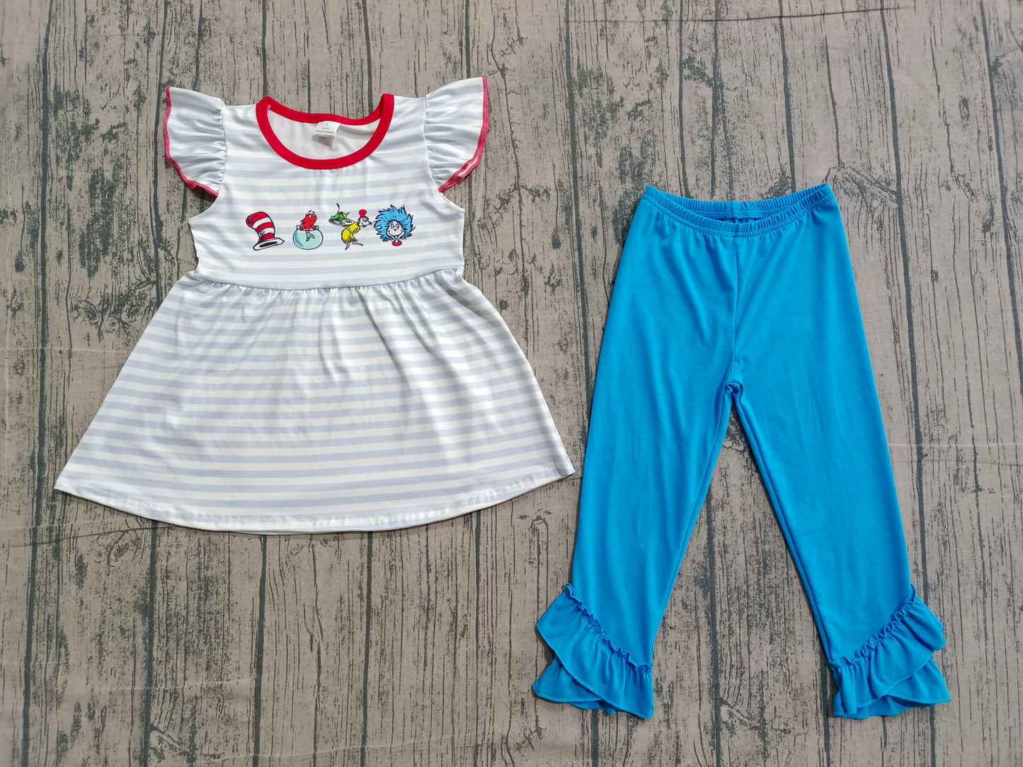 Baby Girls Blue Stripe Mr Reading Tunic Ruffle Pants Clothes Sets