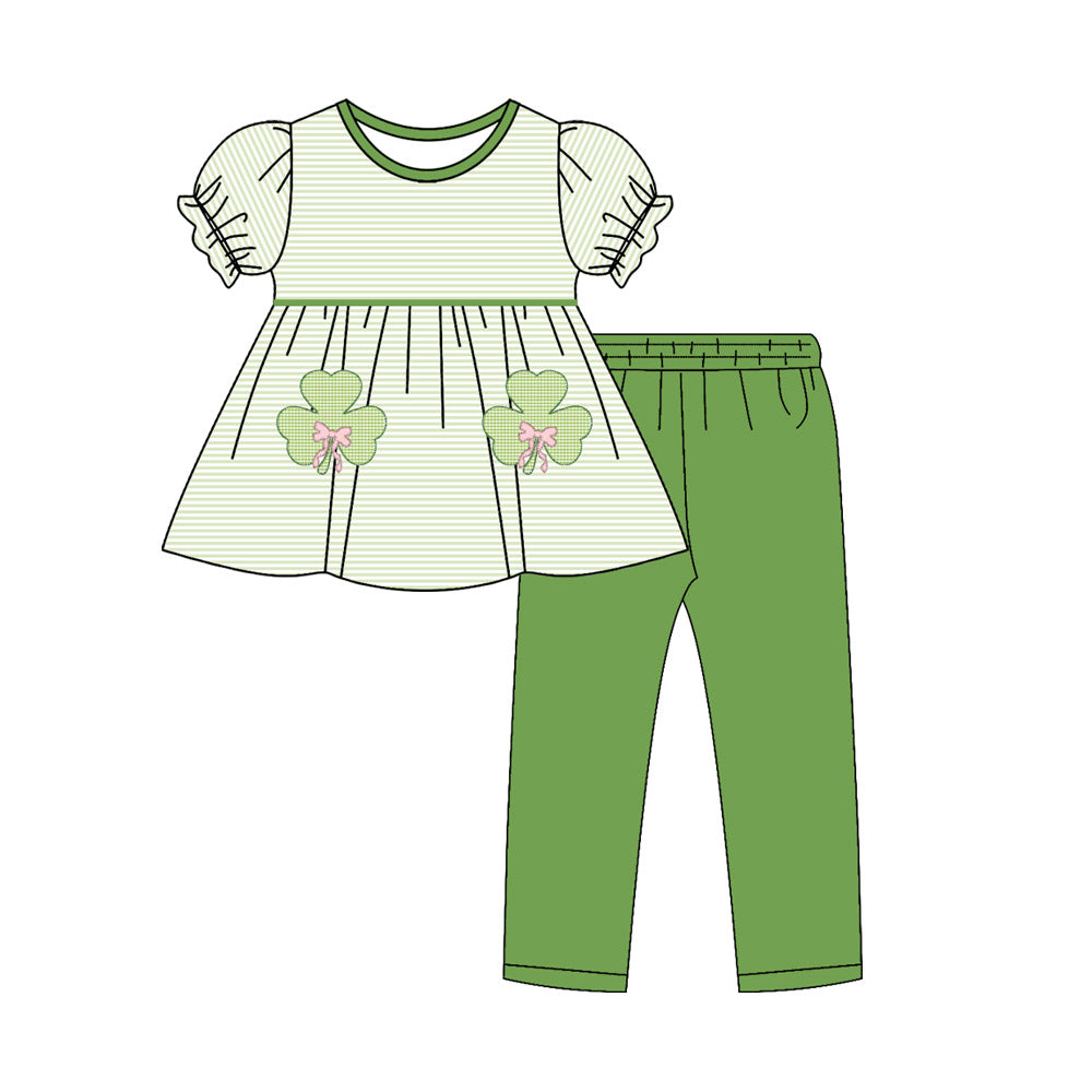 Baby Girls Bows Clovers Stripe Tunic Leggings St Patrick Clothes Sets Preorder