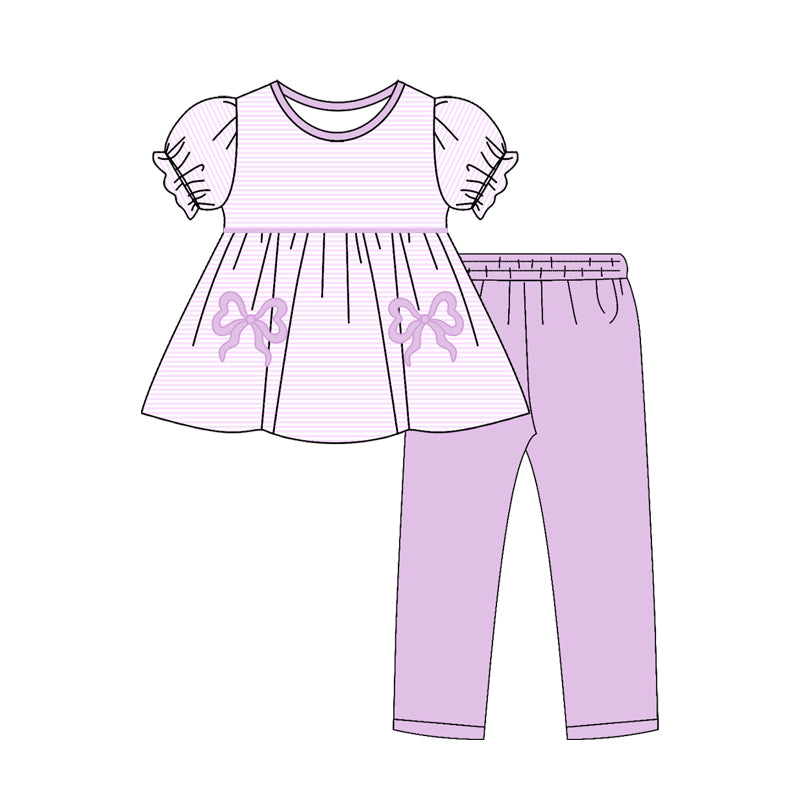Baby Girls Lavender Stripe Bows Tunic Leggings Pant Clothes Sets Preorder