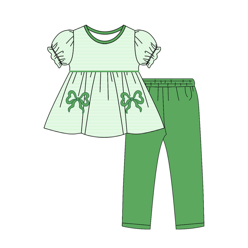 Baby Girls Green Stripe Bows Tunic Leggings Pant Clothes Sets Preorder