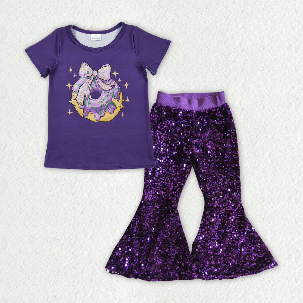 Baby Girls Purple Bows Donuts Top Sequin Bell Bottom Pants Mardigras Clothes Sets