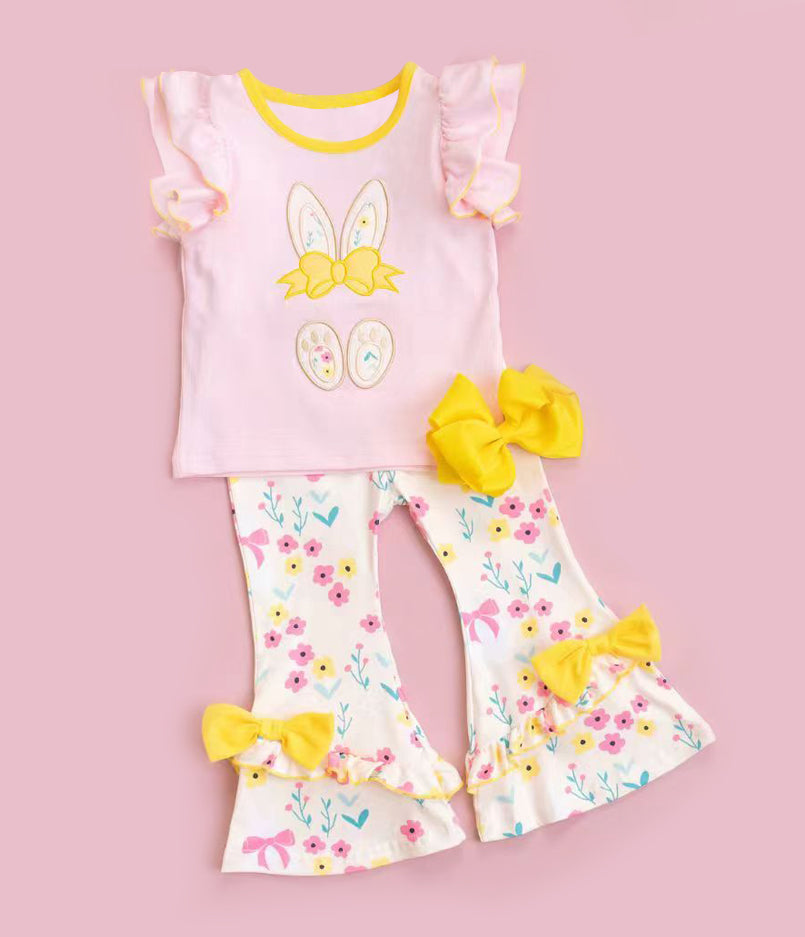 Baby Girls Pink Flowers Rabbits Top Bell Bottom Pants Easter Clothes Sets Preorder