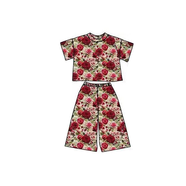 Baby Girls Red Flowers Plaid Top Flare Pants Clothes Sets Preorder