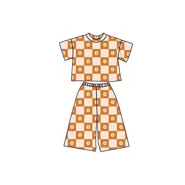 Baby Girls Orange Flowers Checked Top Flare Pants Clothes Sets Preorder
