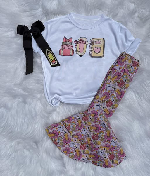 Baby Girls Pencil Books Top Bell Bottom Pants Back to School Clothes Sets Preorder