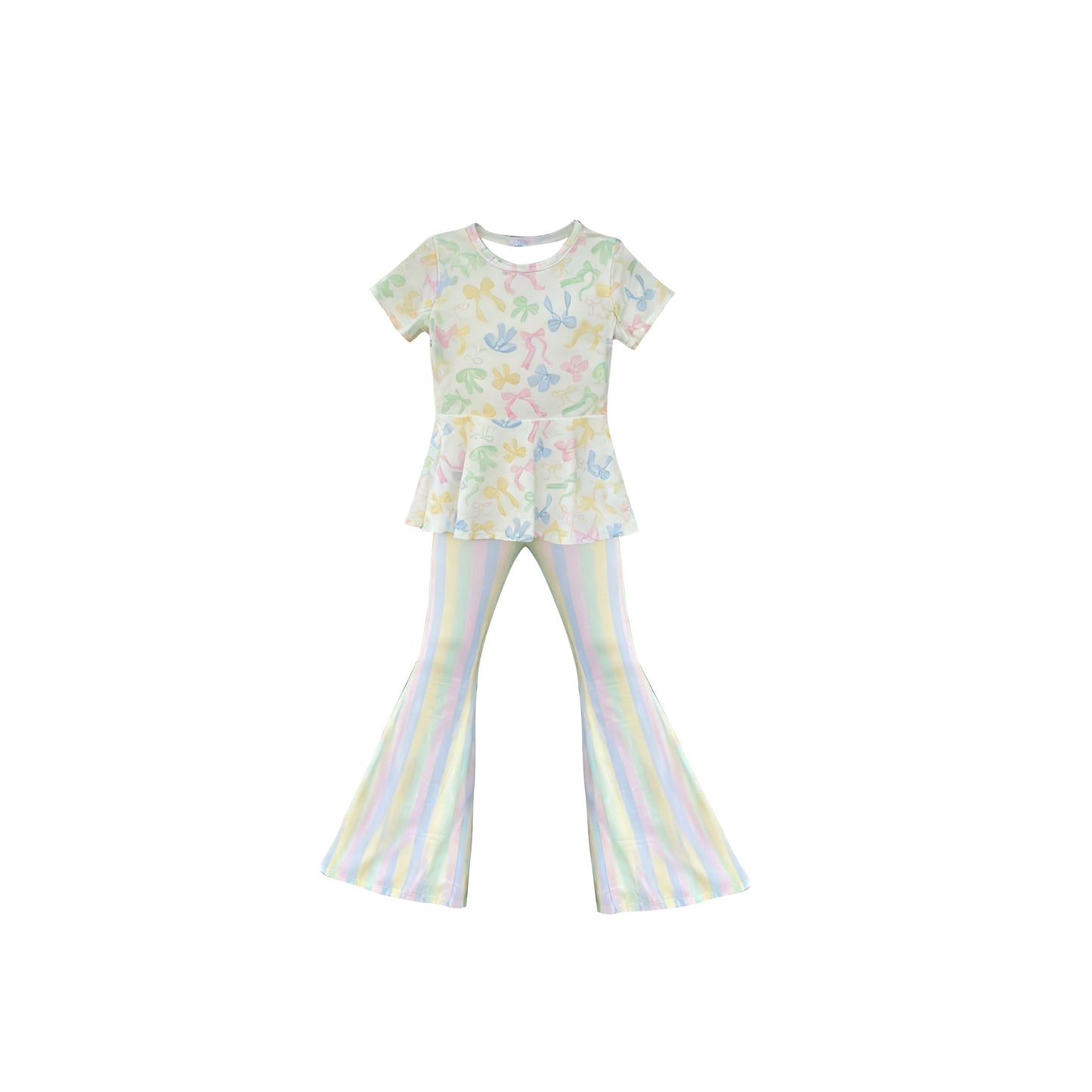 Baby Girls Colorful Bows Tunic Stripes Bell Bottom Pants Clothes Sets Preorder