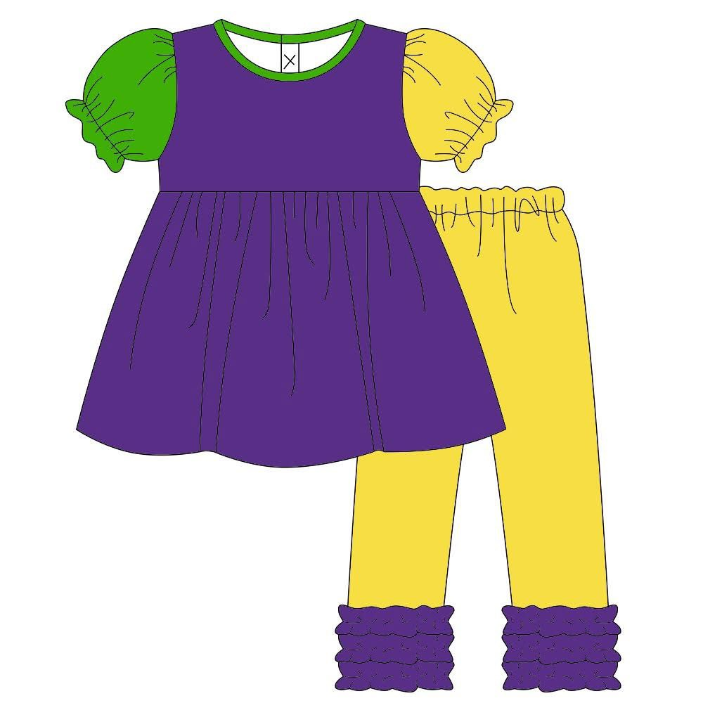 Baby Girls Mardigras Short Ruffle Sleeve Tunic Leggings Clothes Sets Preorder