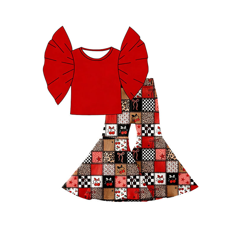 Baby Girls Red Bell Sleeve Top Cherry Stars Checked Bell Bottom Pants Clothes Sets Preorder