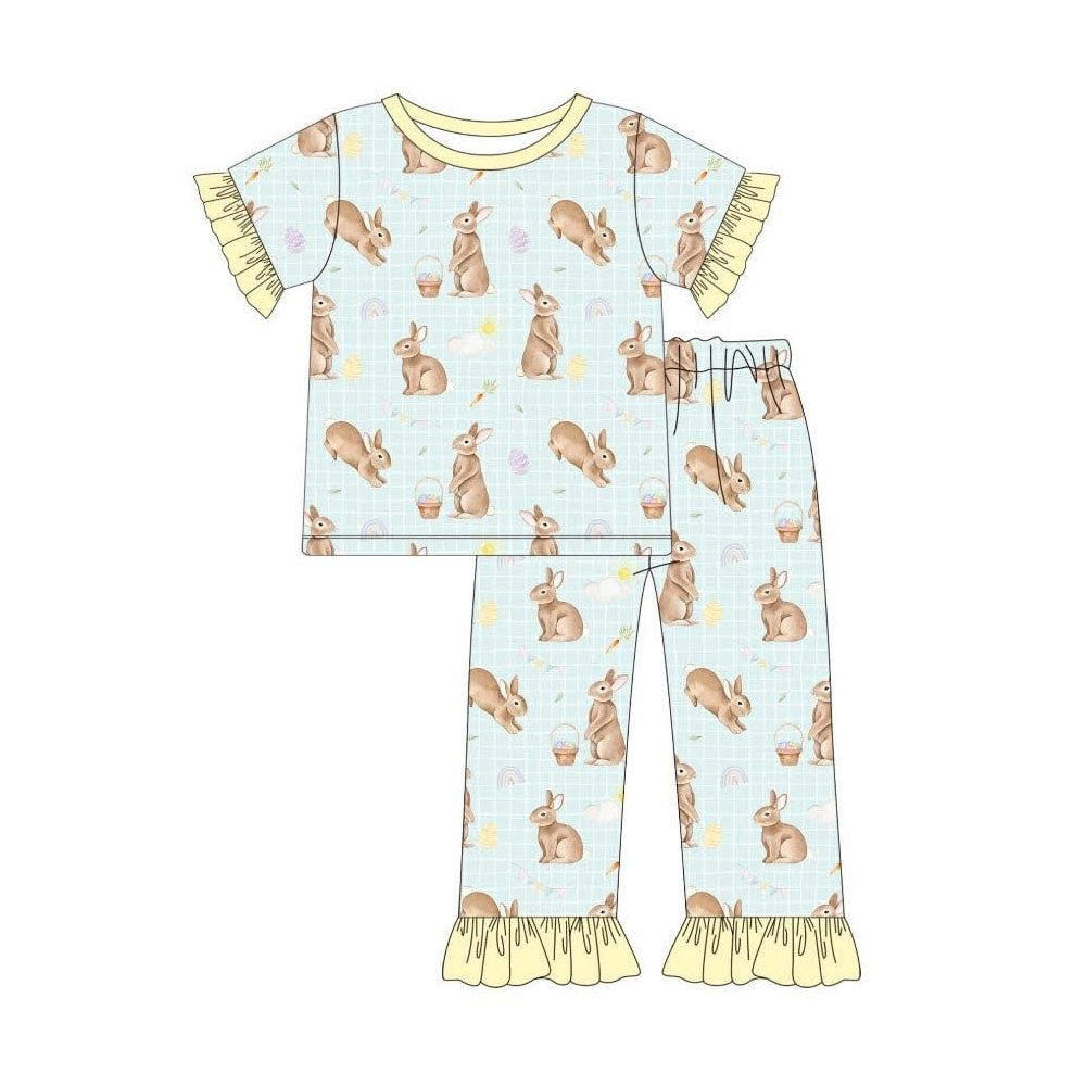 Baby Girls Rabbits Eggs Checked Top Ruffle Pants Easter Pajamas Sets Preorder