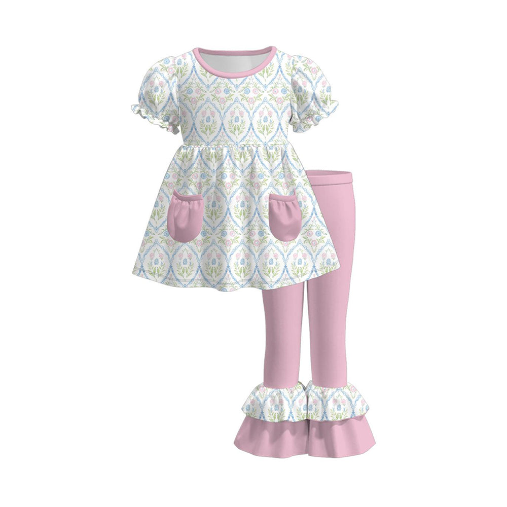 Baby Girls Flowers Checked Pockets Tunic Ruffle Pants Clothes Sets Preorder