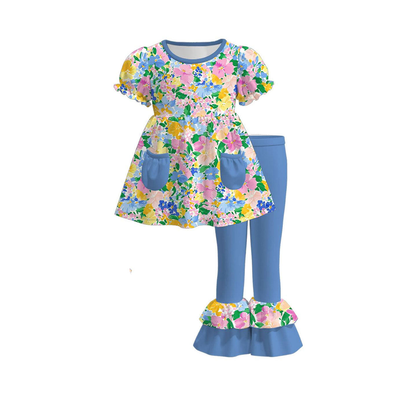 Baby Girls Colorful Flowers Pockets Tunic Ruffle Pants Clothes Sets Preorder