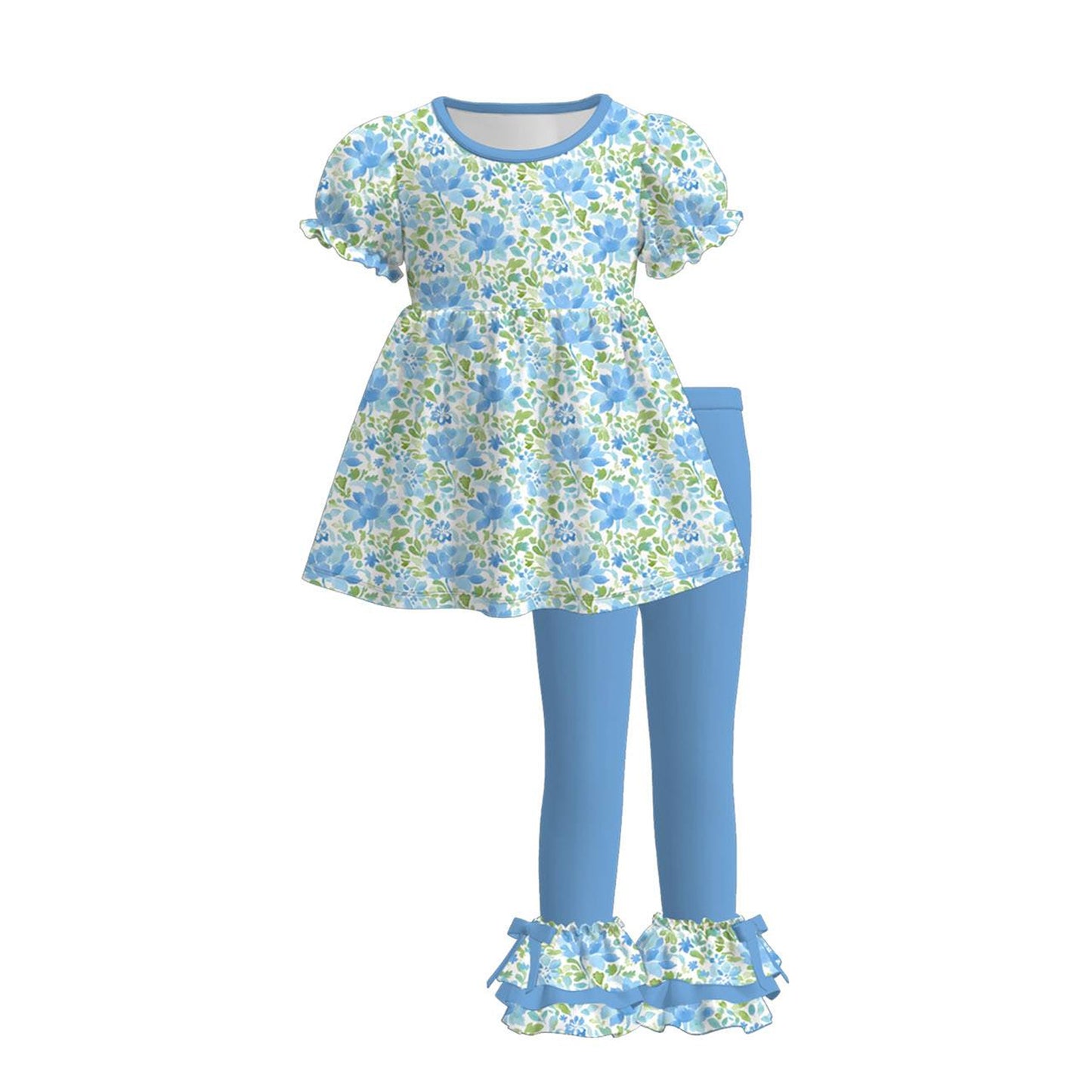 Baby Girls Aqua Flowers Tunic Ruffle Pants Clothes Sets Preorder