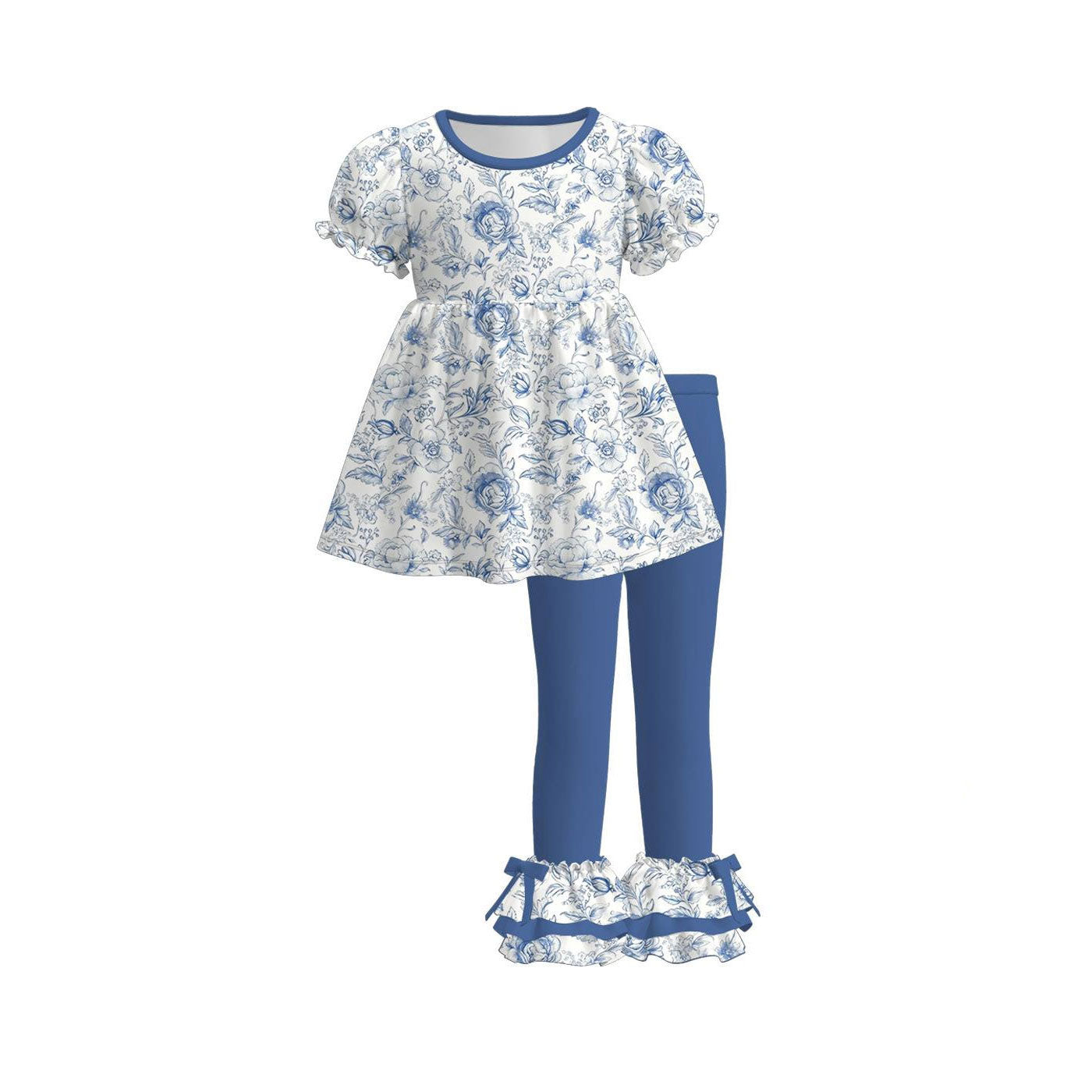 Baby Girls Blue Flowers Tunic Ruffle Pants Clothes Sets Preorder