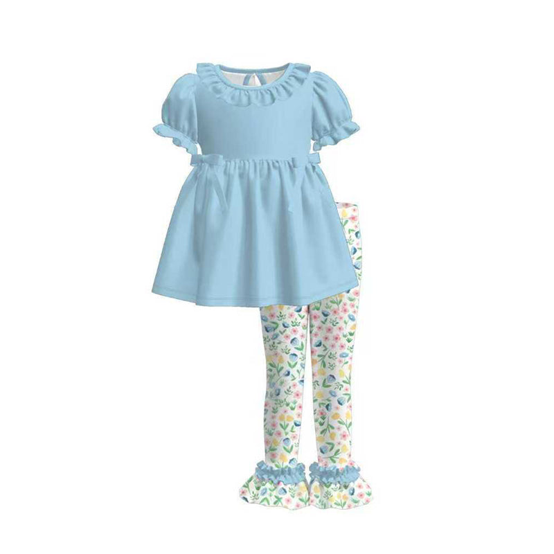 Baby Girls Blue Collar Tunic Colorful Flowers Ruffle Pants Clothes Sets Preorder