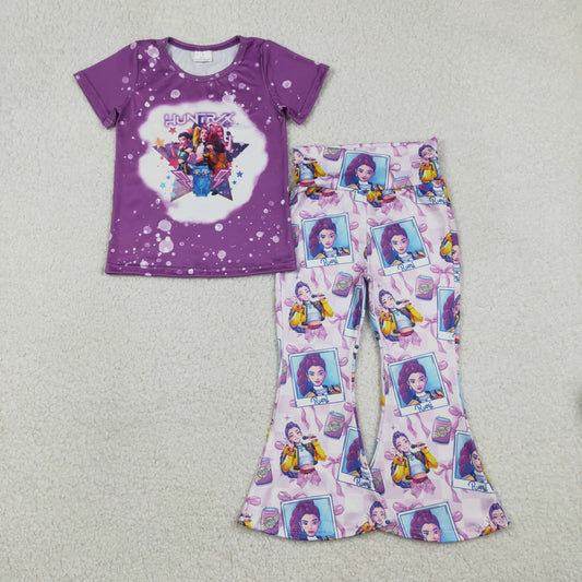 Sibling Baby Girls Short Sleeve Cartoon Demon Hunter Top Bell Bottom Pants Clothes Sets