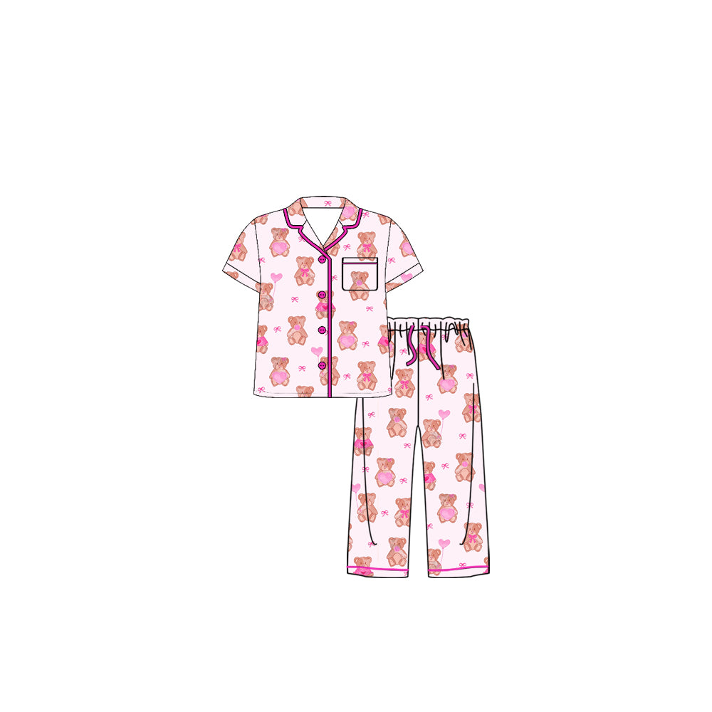 Baby Girls Heart Balloons Bears Button Pocket Pant Valentines Pajamas Sets Preorder