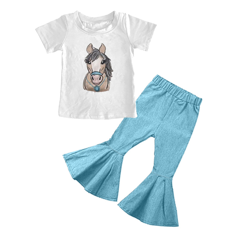 Baby Girls Horses Top Bell Bottom Pants Western Clothes Sets Preorder