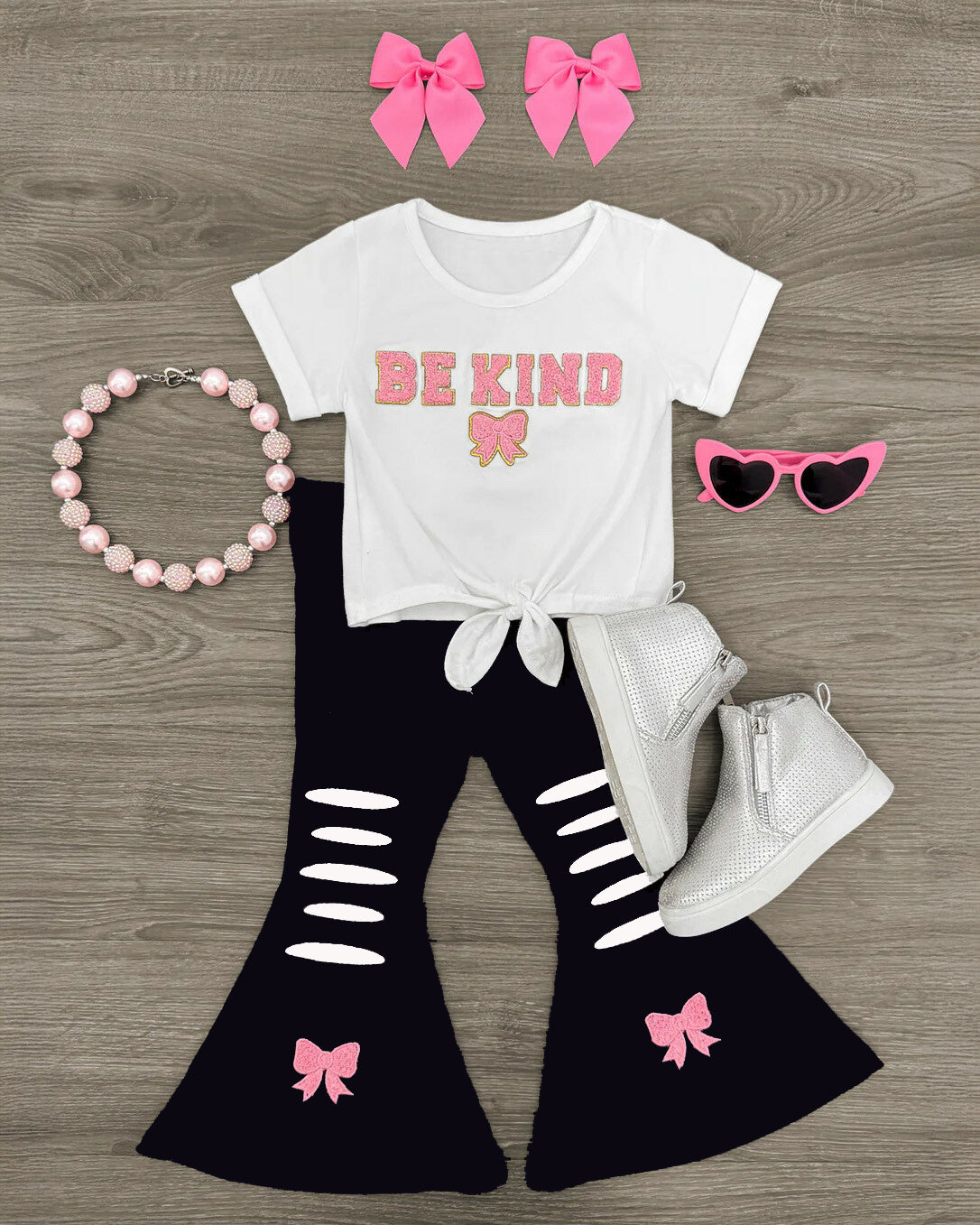 Baby Girls BE KIND Bows Top Bell Bottom Pants Clothes Sets Preorder