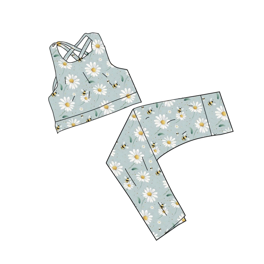 Baby Girls Daisy Flowers Bees Vests Legging Pants Yoga Clothes Sets Preorder