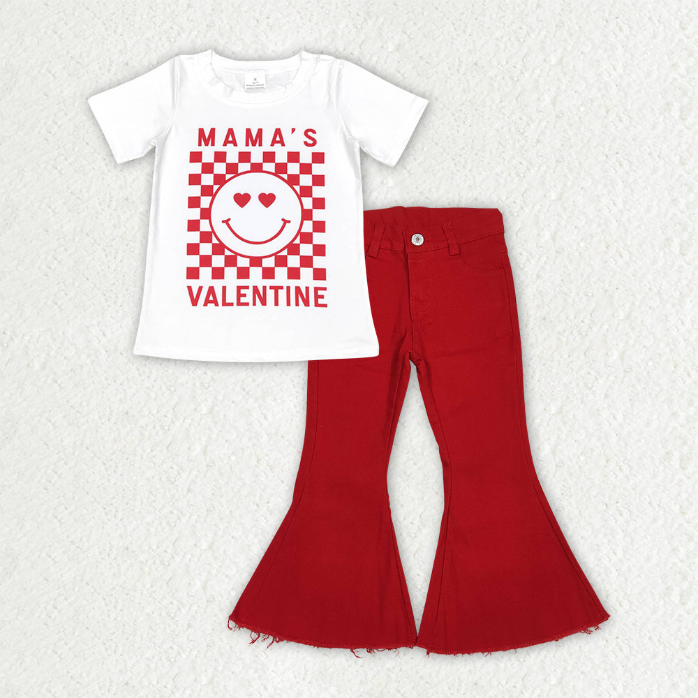 Baby Girls Red Hearts Smiles Mama's Valentines Top Denim Bell Bottom Pants Clothes Sets